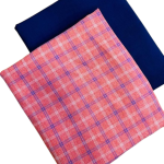 Cotton fabric featuring a pink, red, and blue plaid pattern alongside a solid navy blue fabric 2Yards each