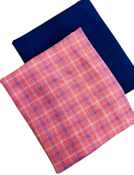 Cotton fabric featuring a pink, red, and blue plaid pattern alongside a solid navy blue fabric 2Yards each