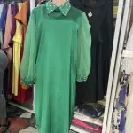 Solid Dark Green, Long-Sleeved Midi Dress featuring Lantern sleeves, a collared neckline, and a structured silhouette. (Free size)