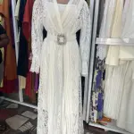 CHICEVER Elegant Solid Hollow Out Dresses for Women V Neck Long Sleeve High Waist Spliced Belt Embroidery Long Dress Female New