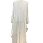 White Kaftan Maxi Dress with a distinctive Butterfly or wing-like Silhouette and Decorative patterns.