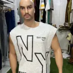 Sleeveless Light Gray Graphic Muscle Shirt with Large Black and White "NY" Lettering.