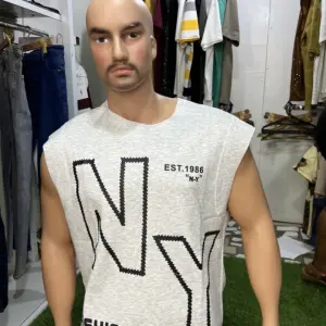 Sleeveless Light Gray Graphic Muscle Shirt with Large Black and White "NY" Lettering.