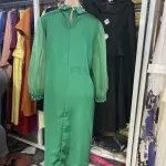 Solid Dark Green, Long-Sleeved Midi Dress featuring Lantern sleeves, a collared neckline, and a structured silhouette. (Free size)