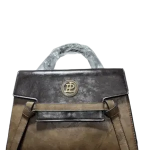 Structured satchel or handheld bag with a distinctive two-tone, textured brown design.