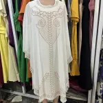 White, Floor-length Garment with Intricate Gold-toned Embroidery Abaya |Kaftan |Boubou
