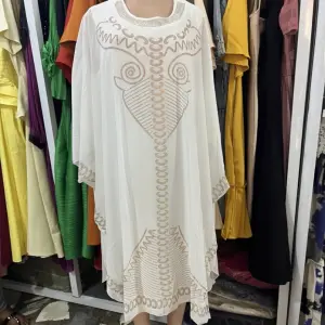 White, Floor-length Garment with Intricate Gold-toned Embroidery Abaya |Kaftan |Boubou