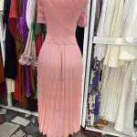 Korean-Style Pastel Pink Pleated Midi Dress with a Belted Waist and Structured Collar (Free Size)
