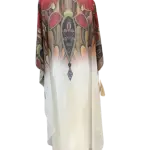 White Kaftan Maxi Dress with a distinctive Butterfly or wing-like Silhouette and Decorative patterns.