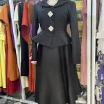 Elegant two-piece set consisting of a cinched-waist peplum jacket and a matching long dress