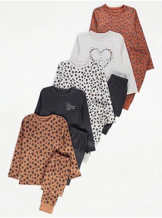 George Heart Leopard Print Long Sleeve Pyjamas 5 Pack 12month to 14years