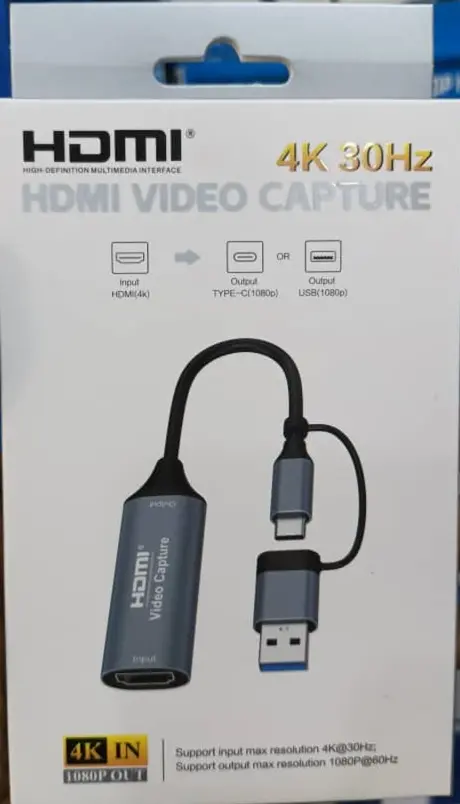 Generic 4K HDMI Video Capture card that connects via both USB Type-A and Type-C ports.
