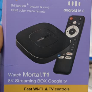 Mortal T1 Android TV Box, a media streaming player that runs on the Android operating system and supports voice control via Google Assistant.