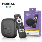 Mortal T1 Android TV Box, a media streaming player that runs on the Android operating system and supports voice control via Google Assistant.