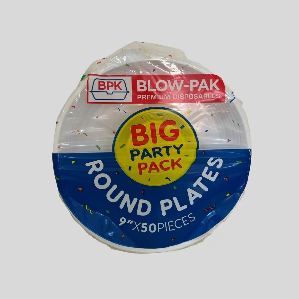 Pack of BPK Blow-Pak Disposable plates. 9*50Pcs