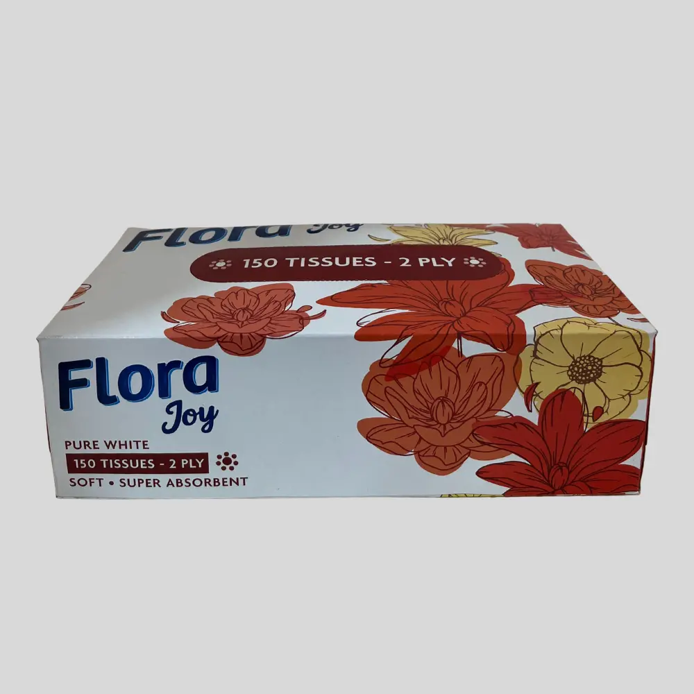 Flora Joy Facial Tissue box, 150 2-ply tissues.