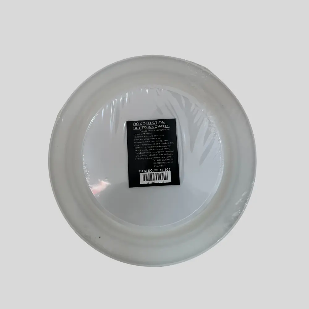 Maryland Plastics Regal collection 10.25 inch plastic dinner plates with a silver-colored trim. 12Pcs