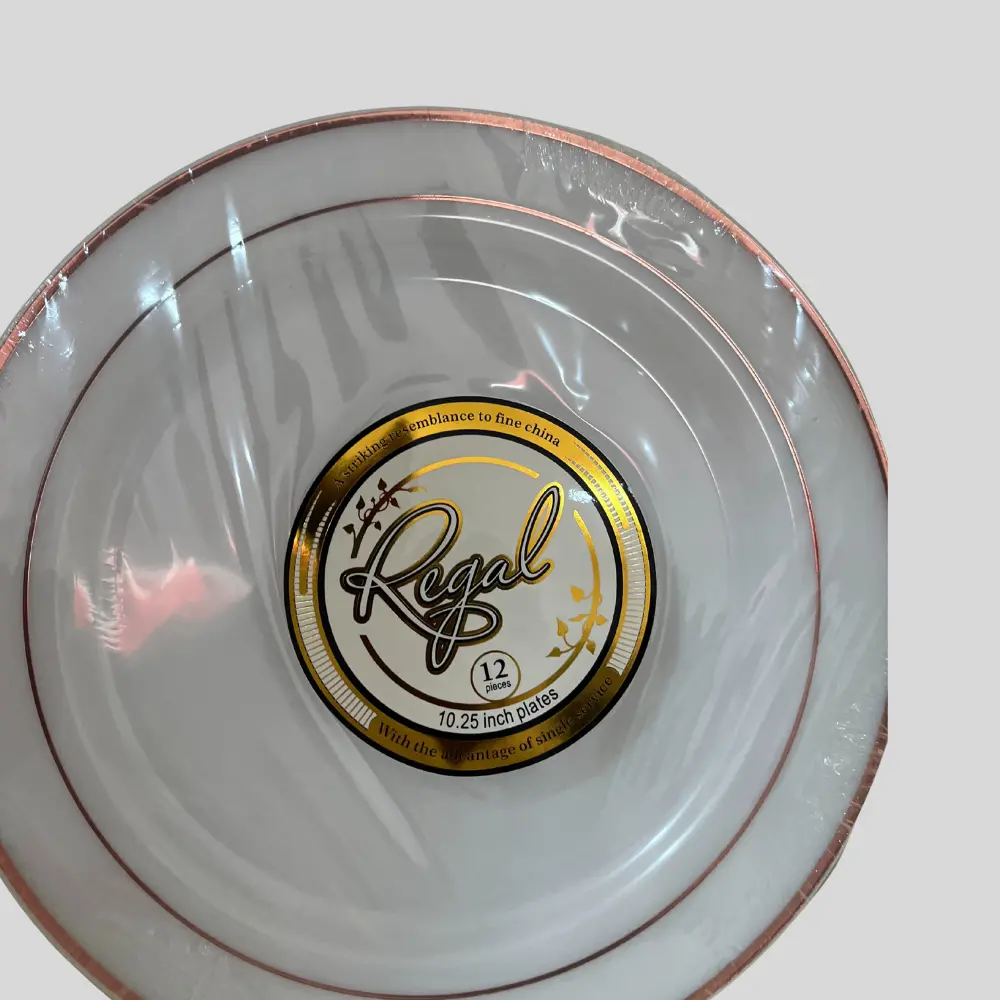 Maryland Plastics Regal collection 10.25 inch plastic dinner plates with a silver-colored trim. 12Pcs