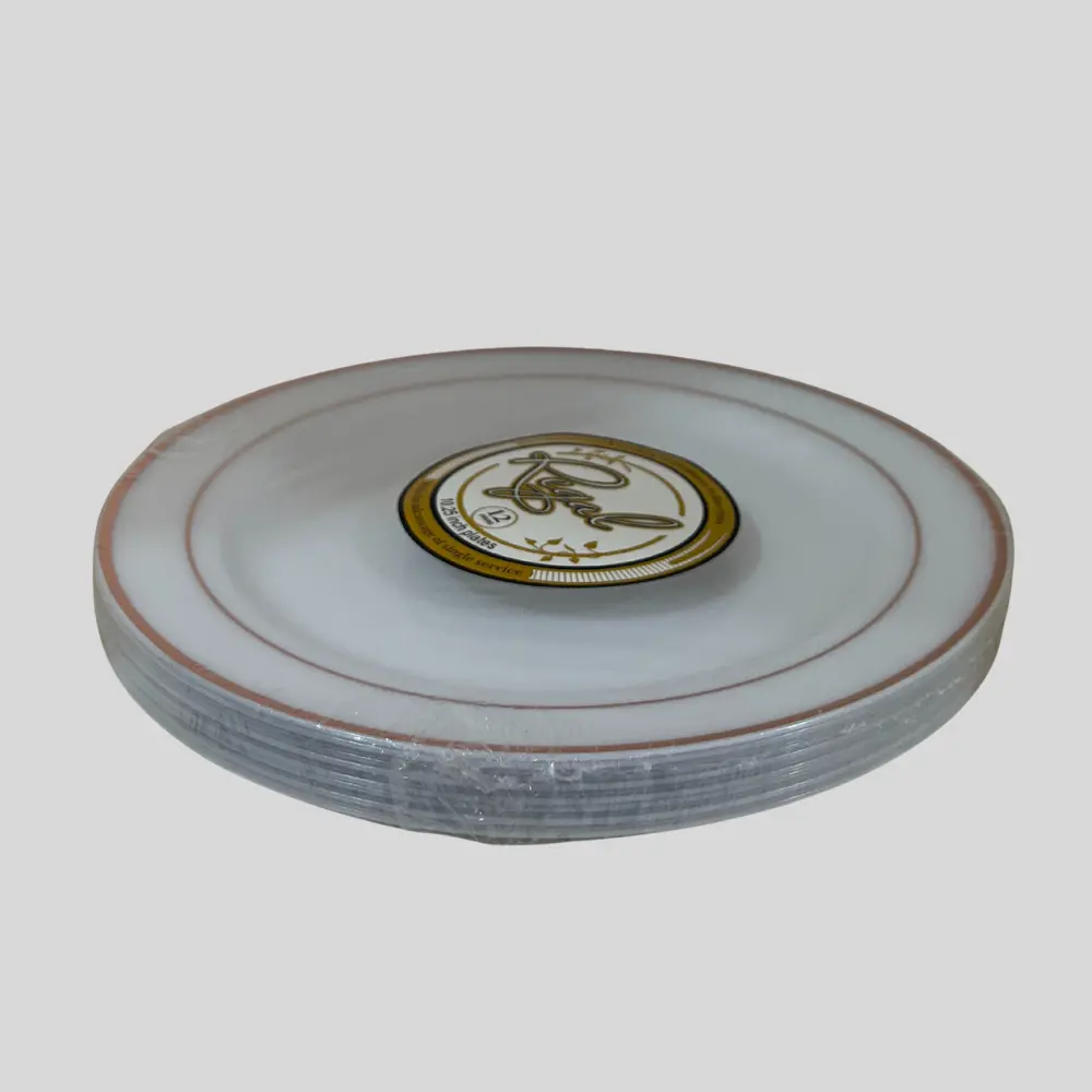 Maryland Plastics Regal collection 10.25 inch plastic dinner plates with a silver-colored trim. 12Pcs
