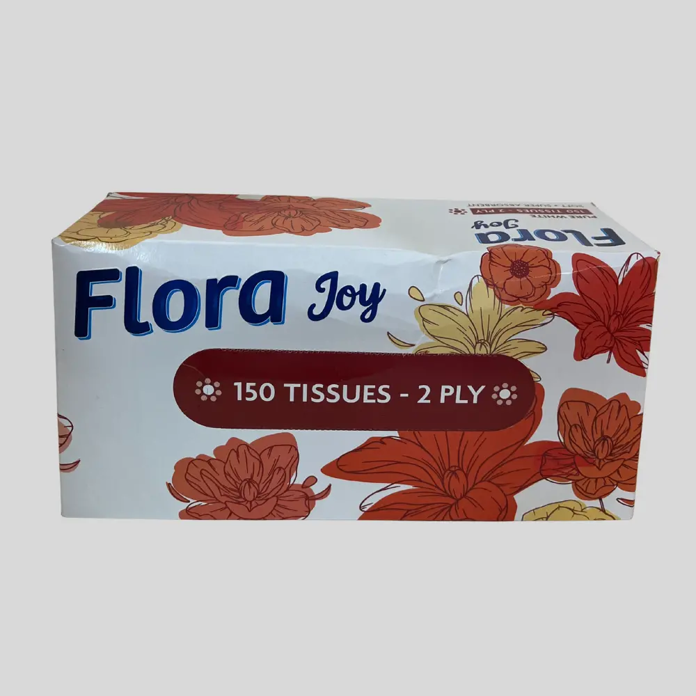 Flora Joy Facial Tissue box, 150 2-ply tissues.
