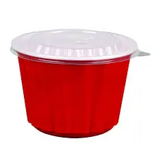 Disposable PP Plastic Round Fast Food Bowl with Lid Red & White for Soup Noodle Takeaway Packaging 50Pcs