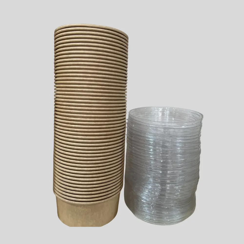Disposable Round Kraft Paper Food Container with a Clear Plastic Lid for soups 50pcs
