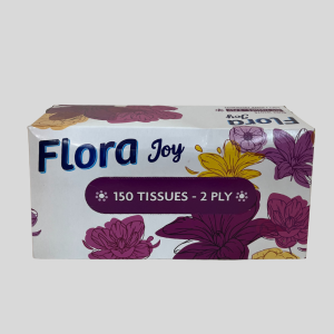 Flora Joy Facial Tissue box, 150 2-ply tissues.