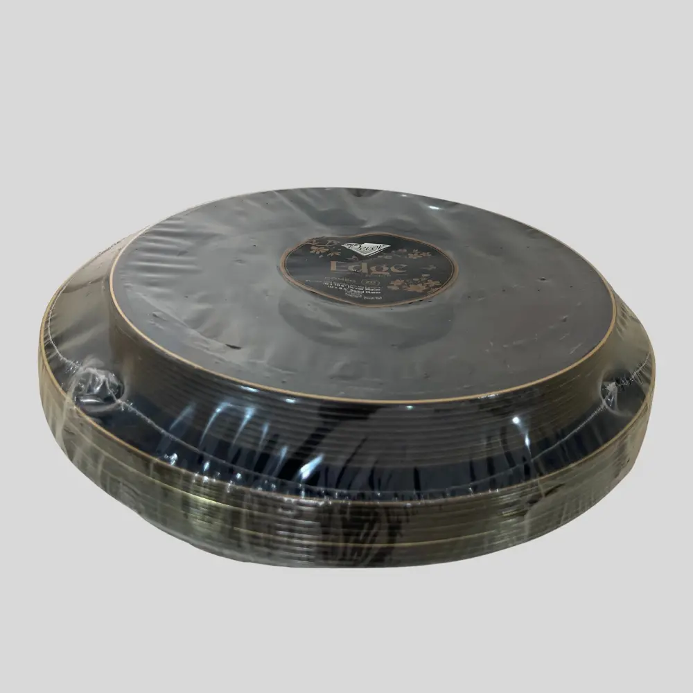Decor Edge Elegant Disposable Plastic Plates with a Black and Gold Rim 15 Pcs