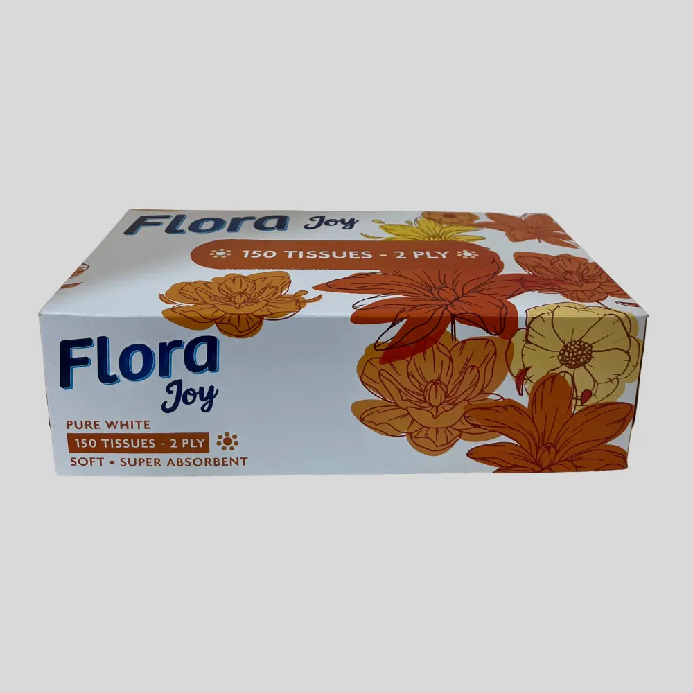 Flora Joy Facial Tissue box, 150 2-ply tissues.