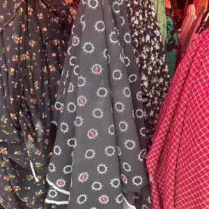 Thrift Black base with a repeating Sunburst or floral Motif Material