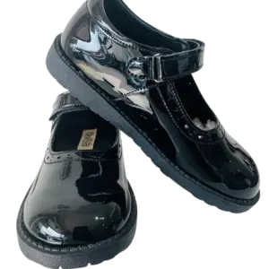 Crabkids pair of black Mary Jane-style school shoes, mirror-like patent leather finish and in a single strap fastening