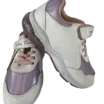 White and purple children's sneakers feature pink laces and hook-and-loop straps labeled "Sisters Forever