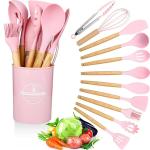 pink and wooden handled silicone kitchen utensil set