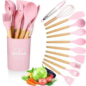 Pink and Wooden Handled Silicone Kitchen Utensil Set