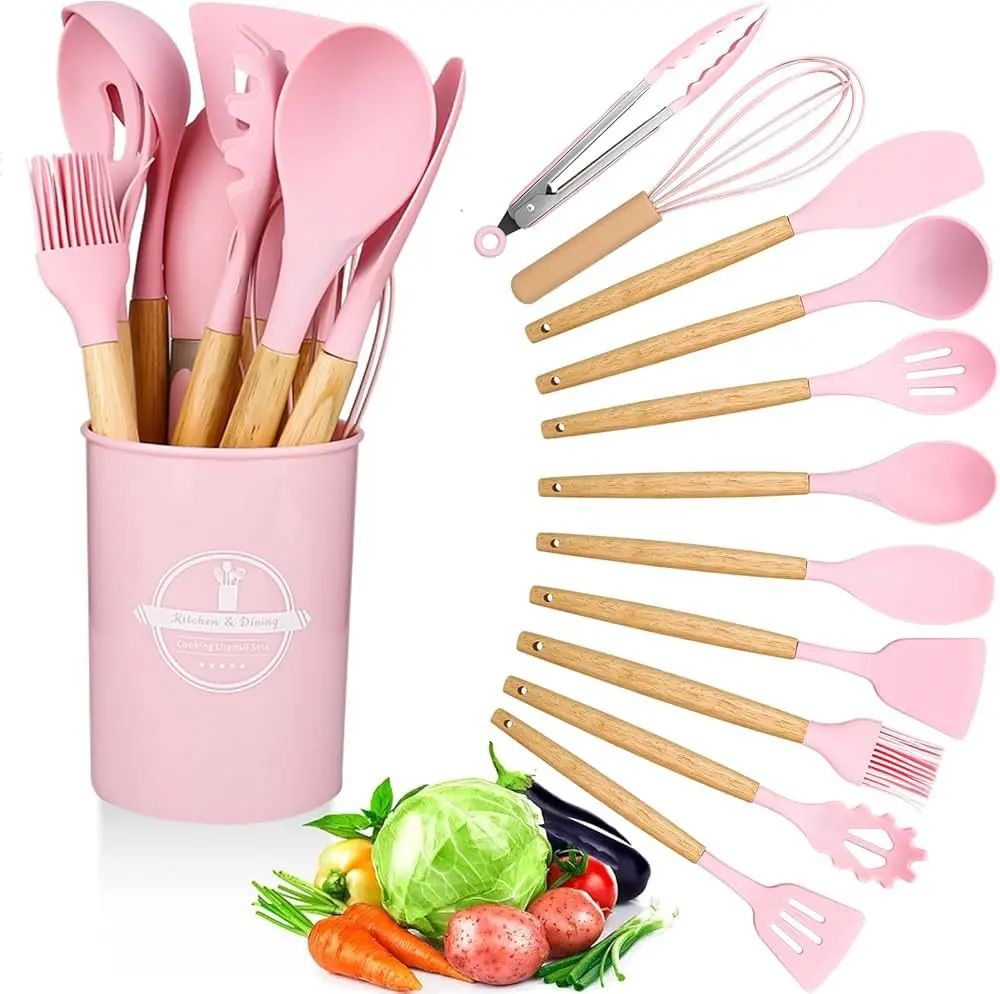 pink and wooden handled silicone kitchen utensil set