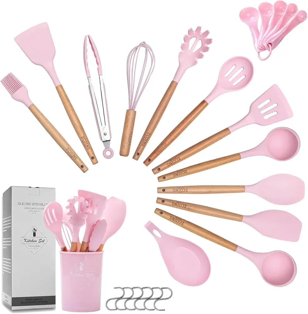 pink and wooden handled silicone kitchen utensil set