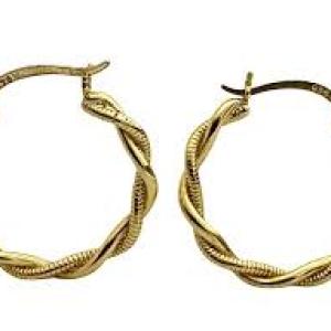 Twisted gold hoop earrings.