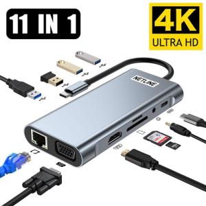 USB Type-C HUB, USB C Adapter 11-in-1 Dongle with 4K HDMI, VGA, Type C, PD, USB3.0, RJ45 Ethernet, SD/TF Card Reader, 3.5mm AUX, Docking Station Compatible with MacBook Pro/Air, Other Type C