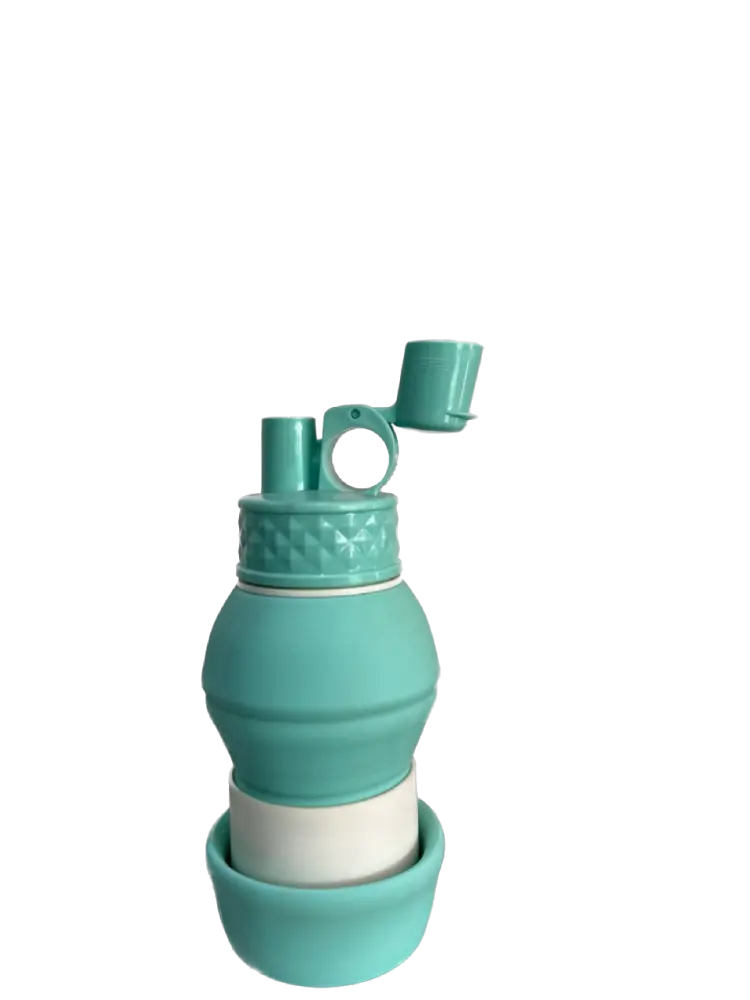 A collapsible silicone sports water bottle