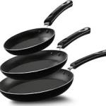 T-fal non-stick 3-piece fry pan set, packaged in plastic. This set typically includes three different sizes for versatility in cooking, such as 8-inch, 9.5-inch, and 11-