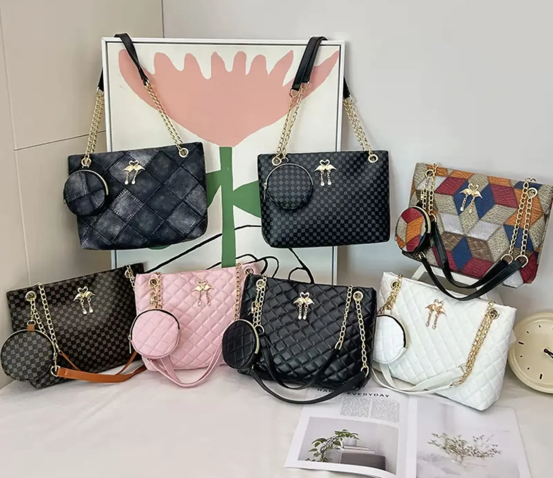 Large Capacity Mother's Bag 2024 New Bag Cross-Border Wholesale women's Bag set of Two shoulder Bags Printed Lace