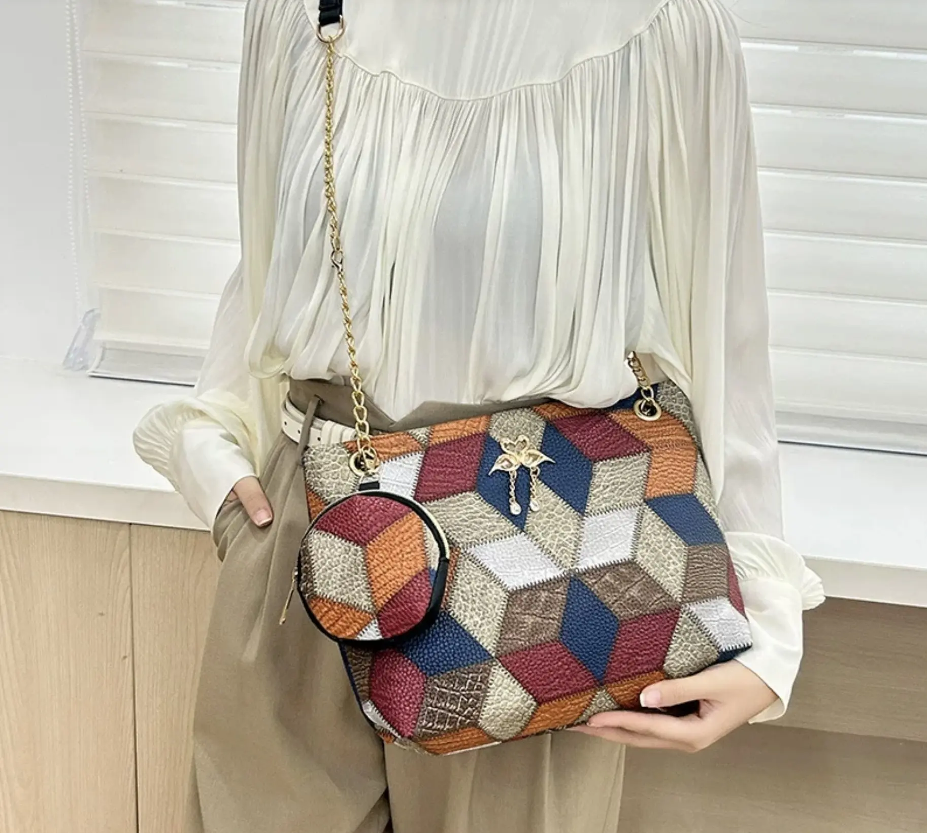 Large Capacity Mother's Bag 2024 New Bag Cross-Border Wholesale women's Bag set of Two shoulder Bags Printed Lace