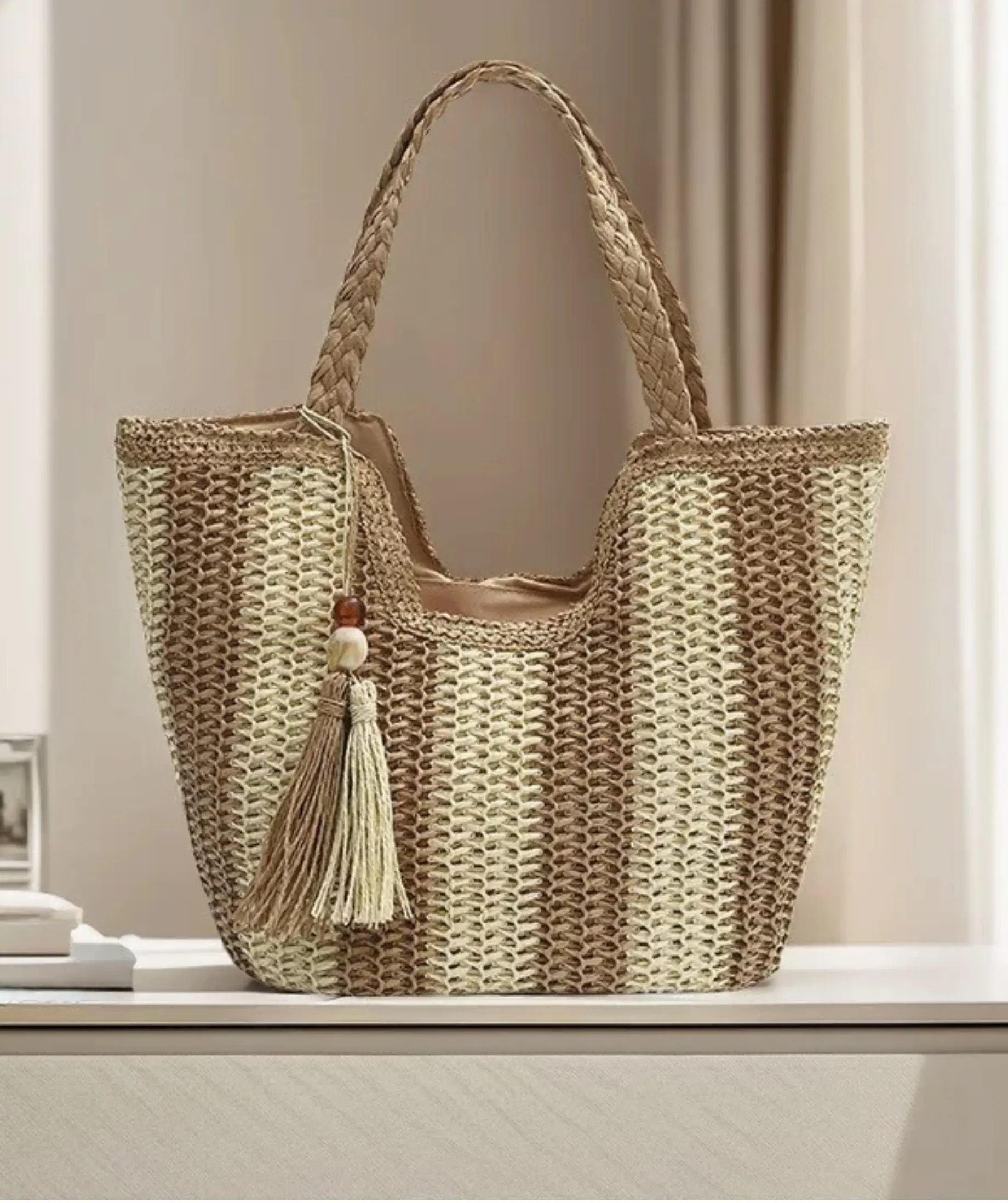 Large Capacity Woven Basket Bag for Women, 2025 New Model, Beach, Seaside Vacation, Shoulder Bag, Fashion Woven, Commuter Tote Bag